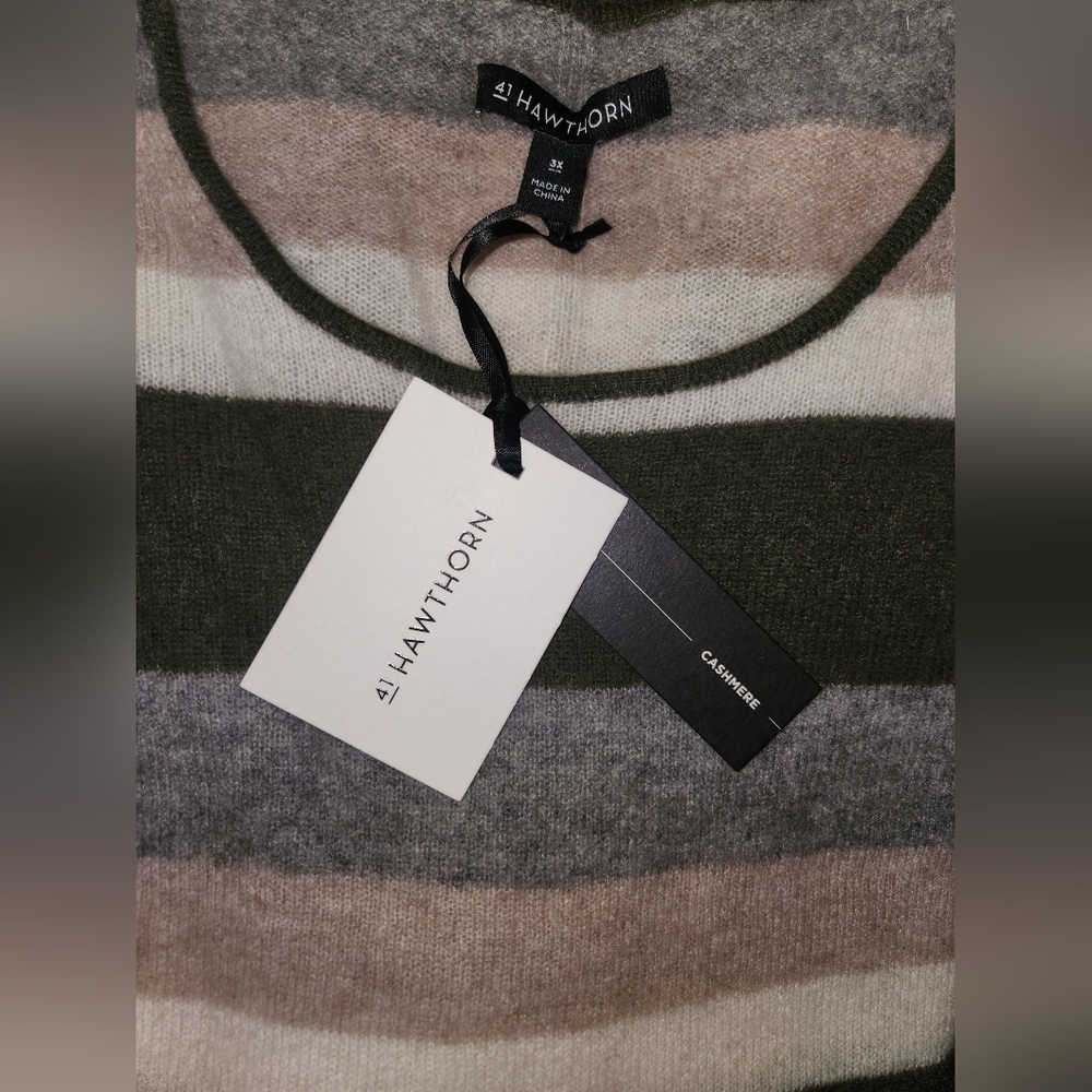 Nwt 41 Hawthorn Women Green Grey Tan Striped SOFT No Itch 100% Cashmere Sweater - Picture 8 of 8